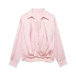 Tangada 2024 Women Pink Bow Crop Shirt Long Sleeve Chic Female Loose Shirt Tops 3H0797