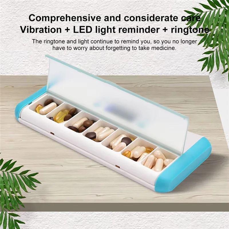 AA20-Smart Pill Organizer Electronic Timing Reminder Storage Case Timer Weekly Pills Container Alarm Box For Traveling Blue Whit