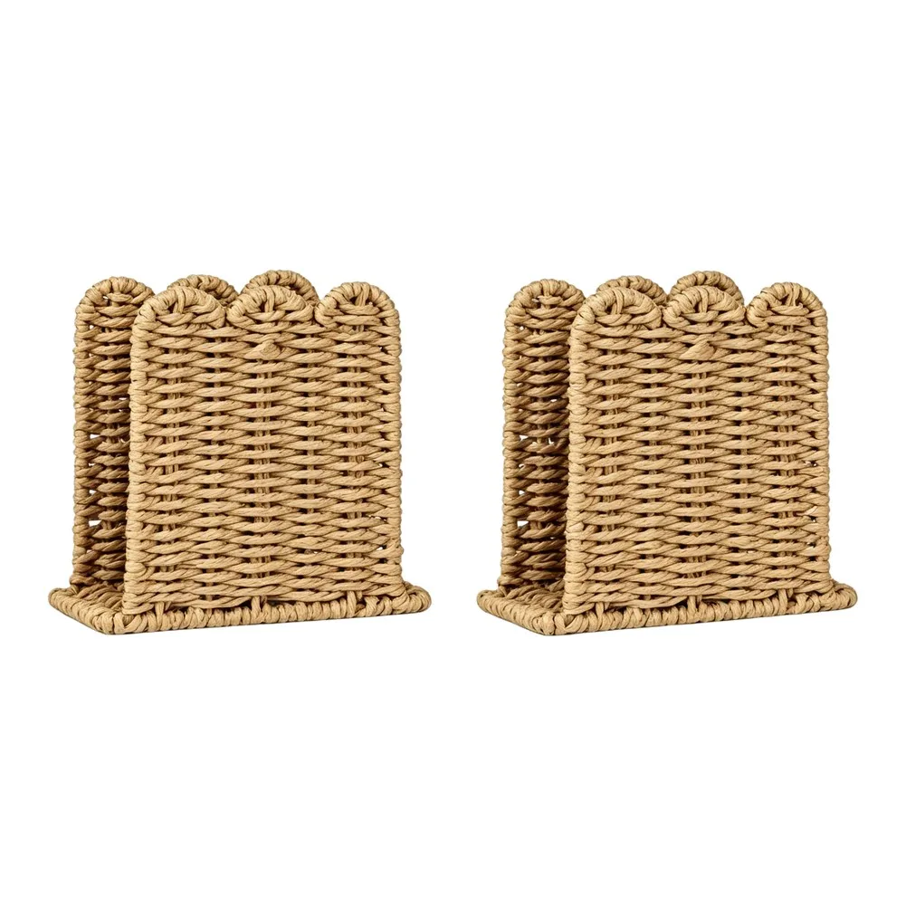 Paper Rope Napkin Holder Handwoven with Scalloped Trim Natural Farmhouse Aesthetic for Dining Table Organization 2pc
