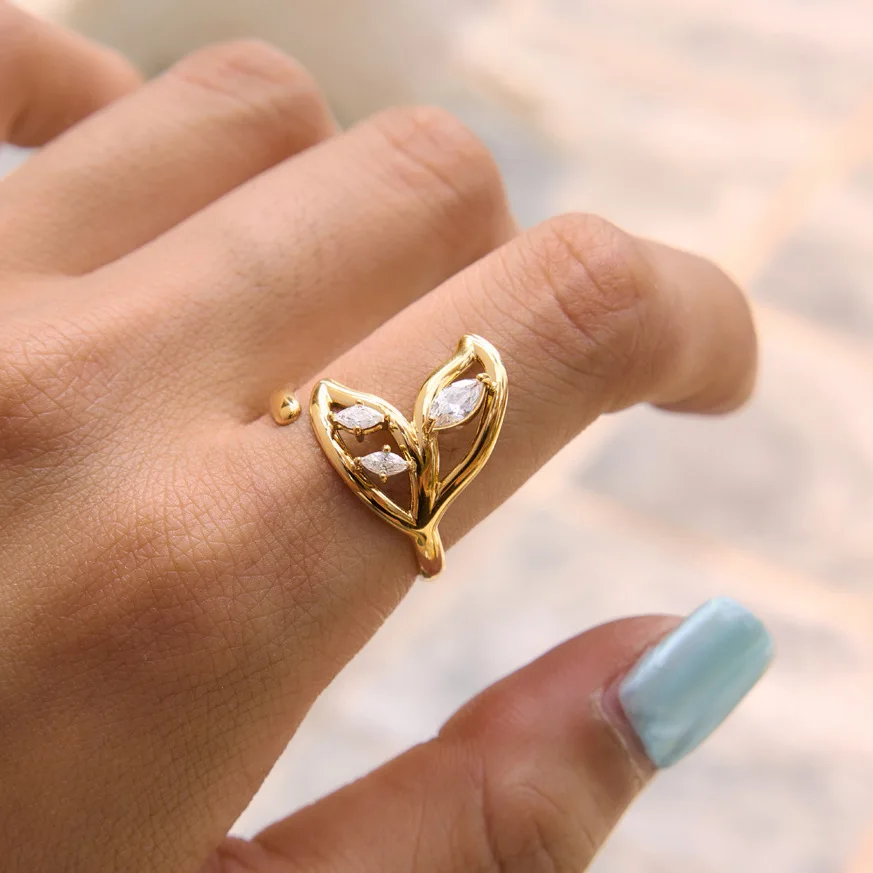 Clean Girl Dainty Marquise CZ Leaf Open Adjustable Ring,Waterproof Non-Fading 18K Gold Stainless Steel,Botanical Jewelry Gift