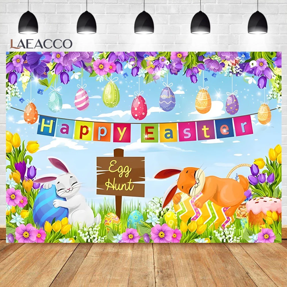 

Happy Easter Bunny Hunt Backdrop Spring Flower Colorful Egg Easter Hunt Game Banner Kids Portrait Photography Background Props