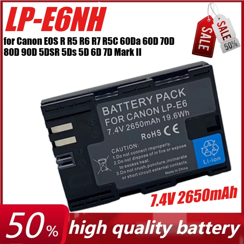 

7.4V 2650mAh LP-E6NH LP-E6N LP E6 Battery for Canon EOS R R5 R6 R7 R5C 60Da 60D 70D 80D 90D 5DSR 5Ds 5D 6D 7D Mark II