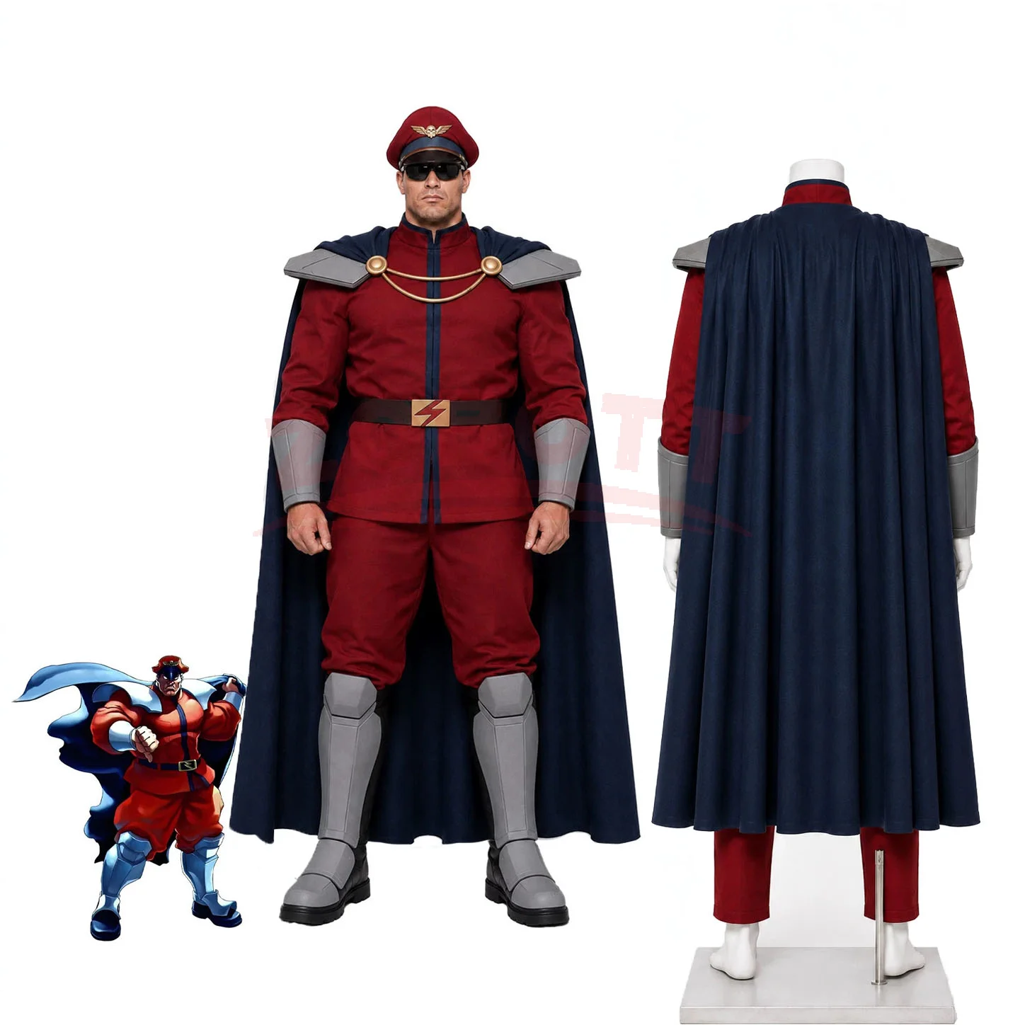 Costume de cosplay complet de M.Bison, personnage de Street Fighter, avec cape, pour adultes, idéal pour Halloween et Noël.