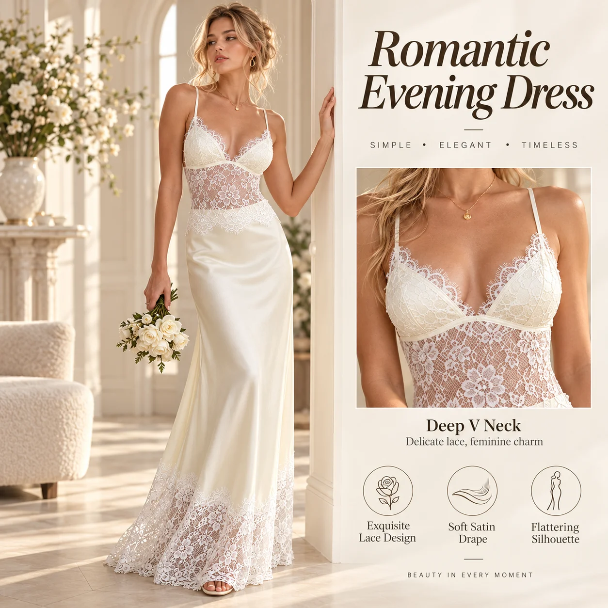 Women Lace Satin Maxi Dress Deep V Neck Spaghetti Strap Open Back Long Slip Dress Elegant Evening Party Gown