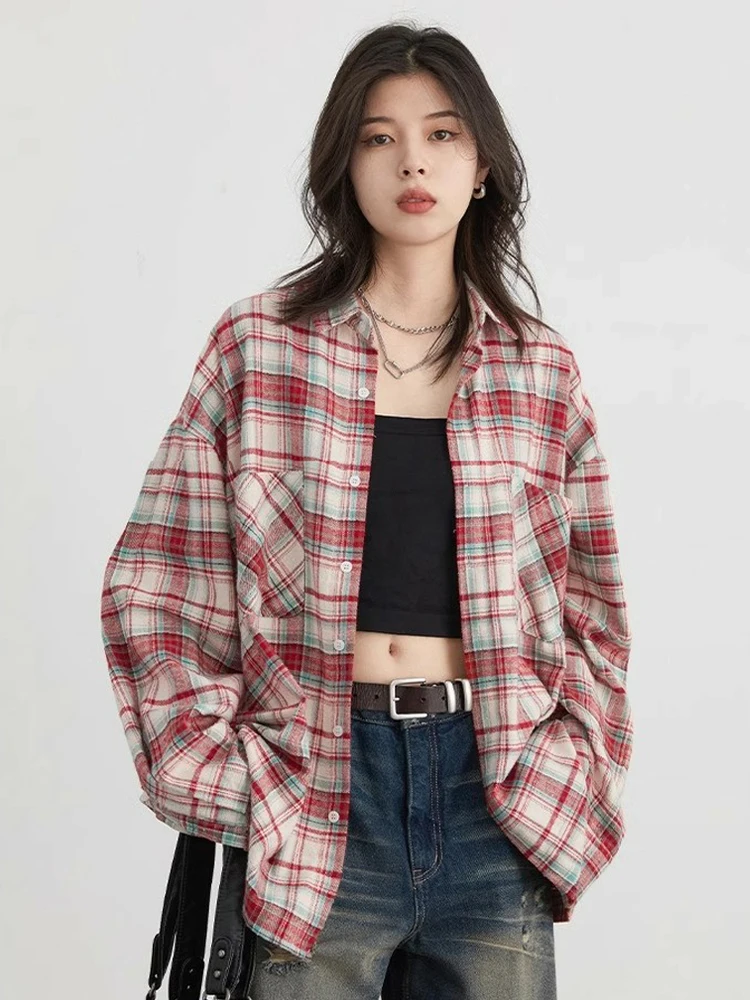 

Zadily 2025 Spring Oversize Long Sleeve Women Vintage Plaid Shirt Korea Style Button Up Blouse Casual Female Clothing Cardigan