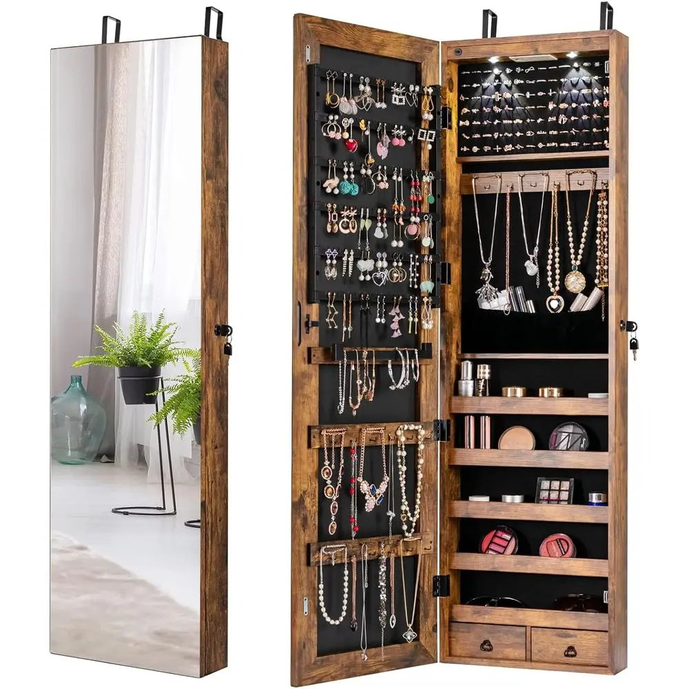 Rustic Brown Wall-Mounted Jewelry Armoire with Full-Length Mirror, LED Lights, Lockable Organizer, and Storage