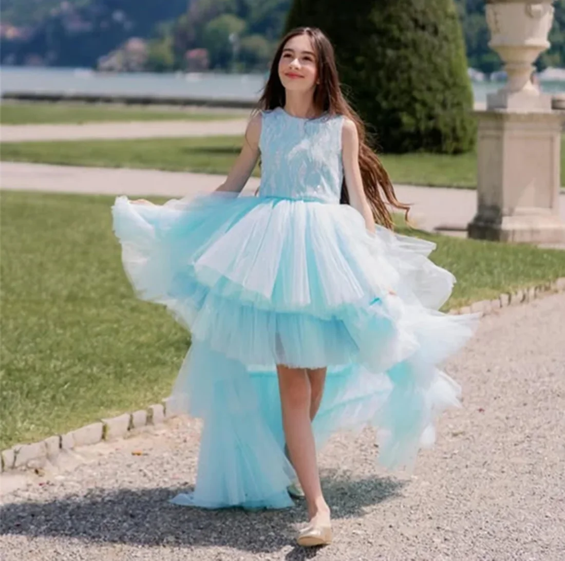 

Elegant O Neck Sequined Crystals Applique Sleeveless Flower Girl Dress Knee Length Sweep Train First Communion Dress Customized