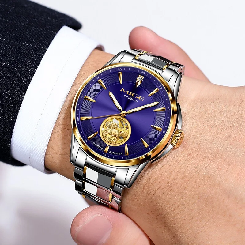 MIGE Original Miyota reloj mecánico automático para parejas esqueleto diamante zafiro 24K oro reloj de pulsera de acero inoxidable