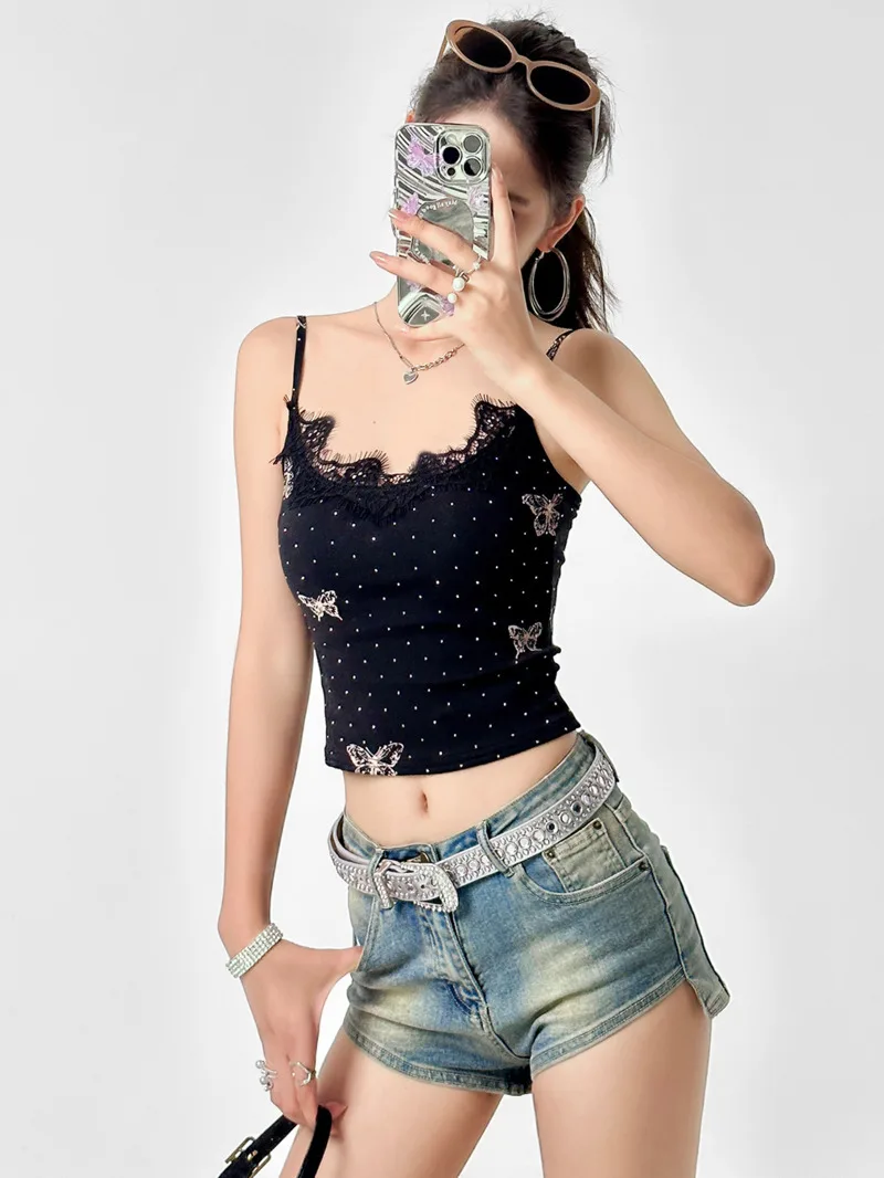 女性のためのパーソナライズされたスパイシースリングベスト,きらびやかなバタフライレース,ショートトップ,アメリカンスタイル,d571,夏,2024