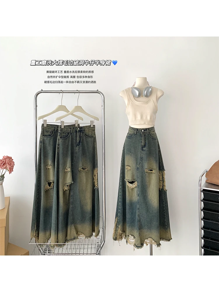 

Women Blue Denim Skirt Harajuku Korean 90s Y2k Skirt Streetwear Fashion Vintage Long A-line Ripped Jean Skirt 2000s Clothes 2023