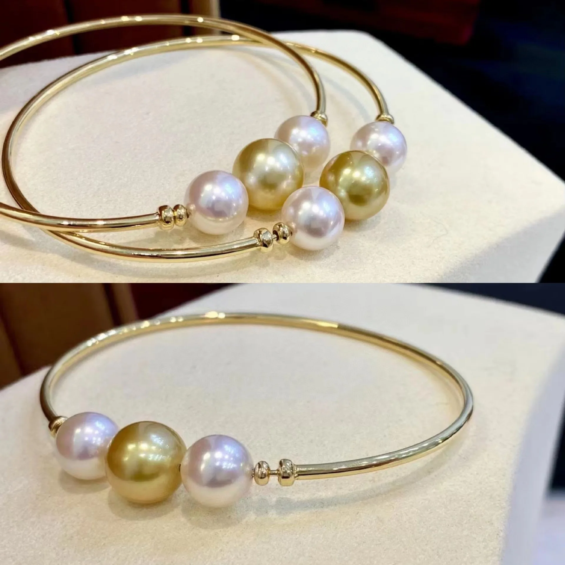 AAAA+++Huge 10-11mm Round South Sea Gold Pearl Akoya White Pearl Plated Silver Simple Double Opening Elastic Bracelet