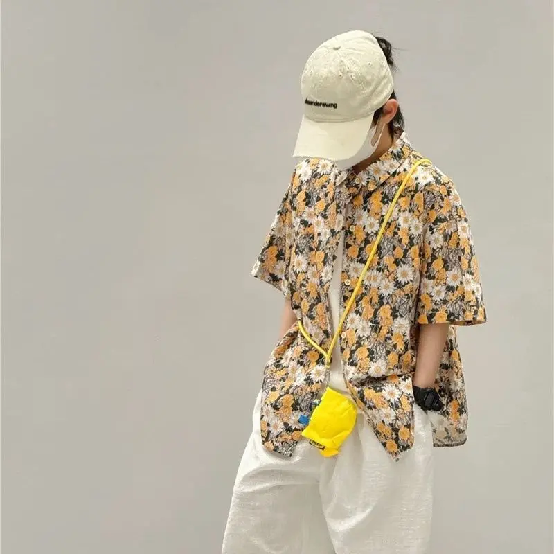 

100% Cotton Boys' Floral Retro Summer Shirt Lightweight Short Sleeve Vintage Style Medium To Large Size New Design