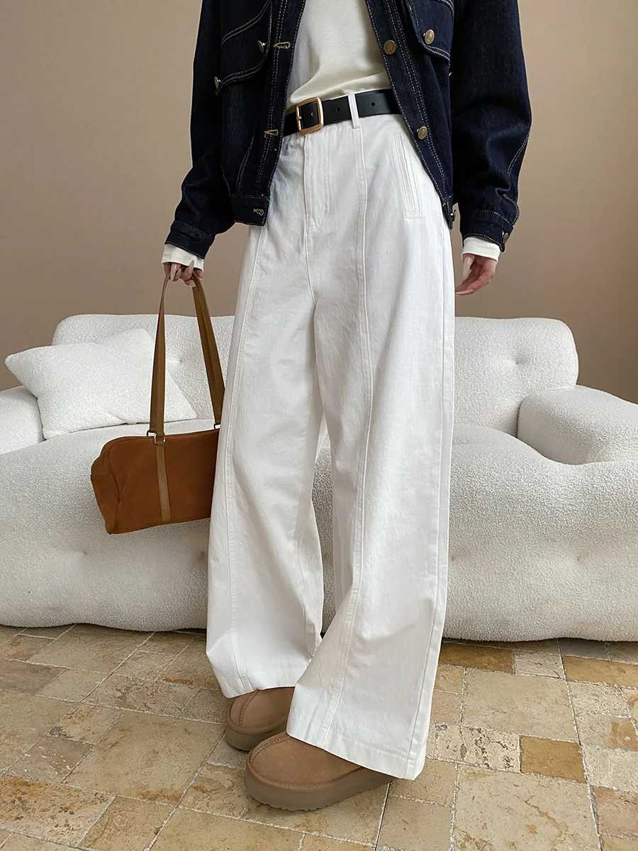 

2025 Fashion Spring And Autumn French Women Vertical Cut Line Split High Waist Trousers Casual Straight Pants Wide Leg Jeans