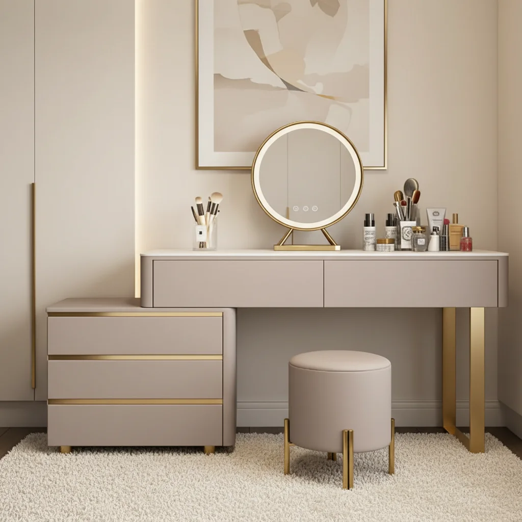 

%Modern European Luxury Wooden Vanity Set Lighted Mirror 5 Drawers Stool Large Capacity Dressing Table Bedroom/Living Room