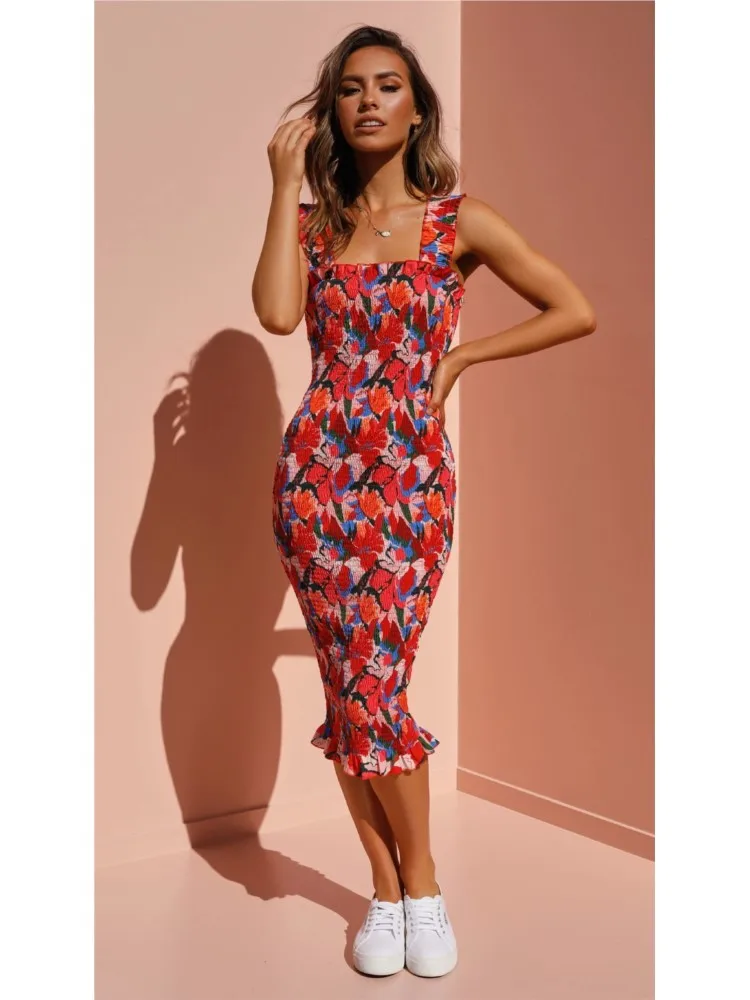 

Bodycon Midi Dress For Woman Summer Fashion Retro Floral Print Sexy Sling A Cinched-bottomed Skirt Ladies Sleeveless Vestidos
