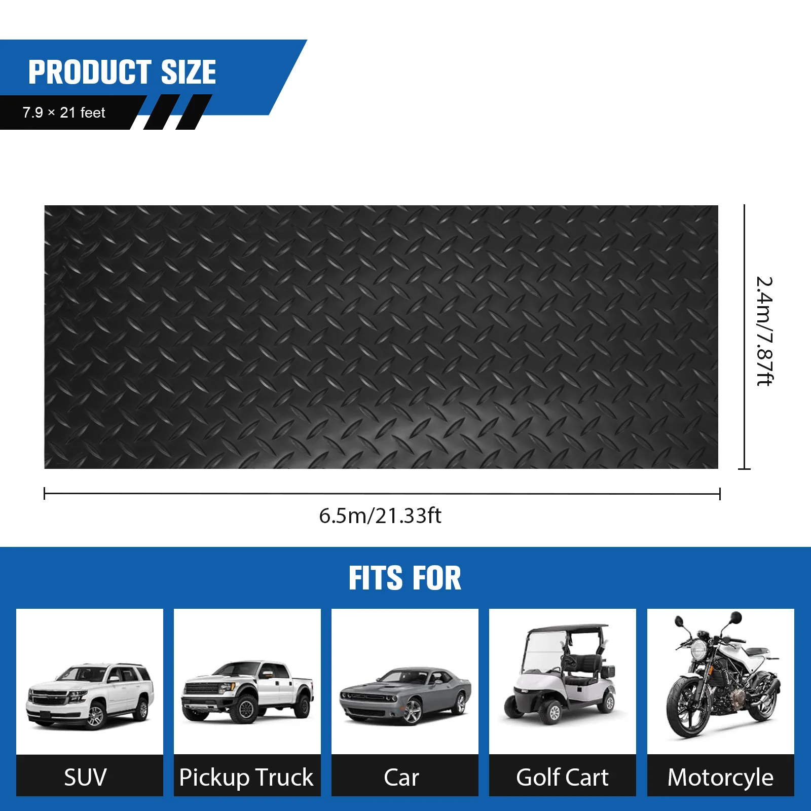 

7.9x21/32.8 FT Flooring Roll 2.5mm Garage Car Parking Mat Diamond Plate PVC for Truck Trailer SUVs Van Golf Cart Motorcycle