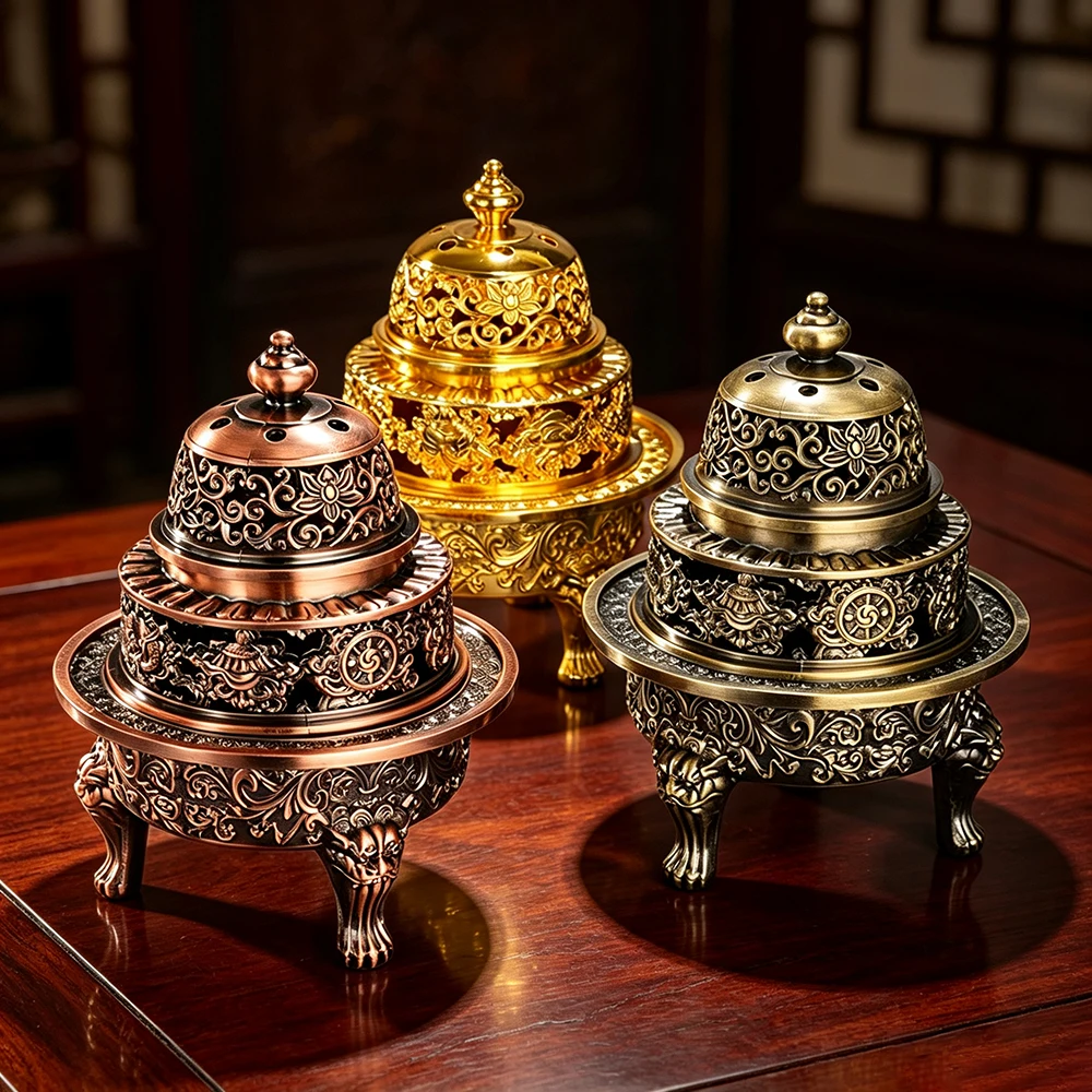 Tibetan Eight Auspicious Symbols Censer, Copper Alloy Hollow Carved Three‑Legged Incense Burner, Home Buddha Worship Ornament