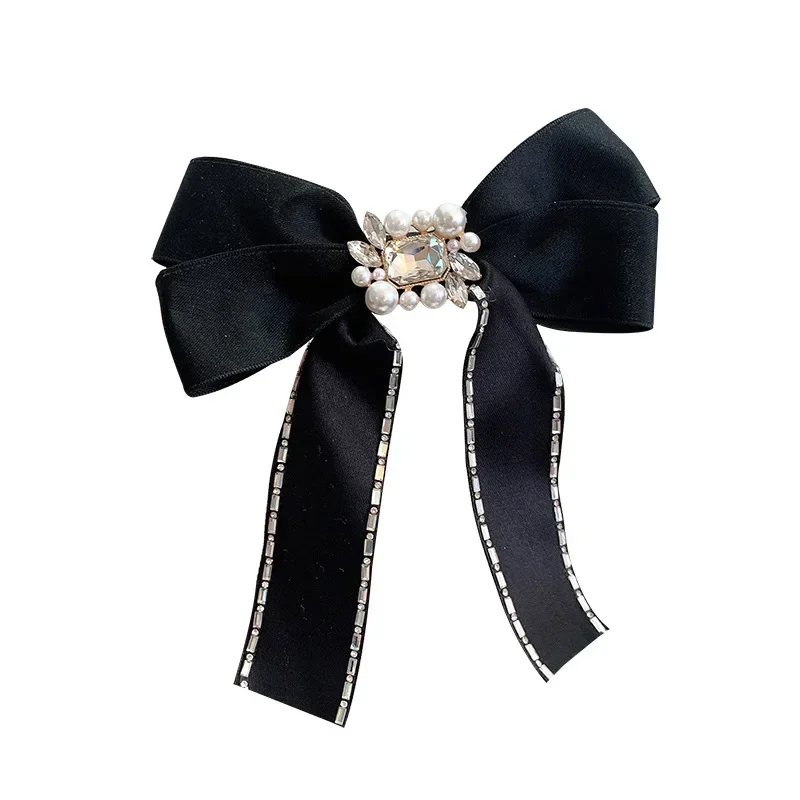 Retro Handmade Ribbon Pearl Bow Hair Clips for Women Crystal Rhinestone Hair Pins Spring Clip Hairpins Korean Hair Accessories