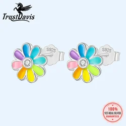 TrustDavis Real 925 Sterling Silver Fashion Sweet Glaze Flower Charm Stud Earrings For Women Wedding Party Fine Jewelry DK004