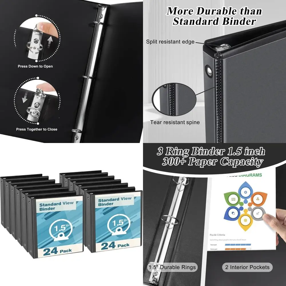

1.5 Round Ring Binders, 24-Pack, Durable for Letter-Size Paper, Black