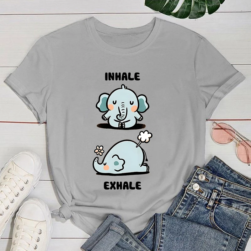 Camiseta feminina Inhale Exhale estampada de manga curta, camiseta casual verão, tops criativos, moda ioga