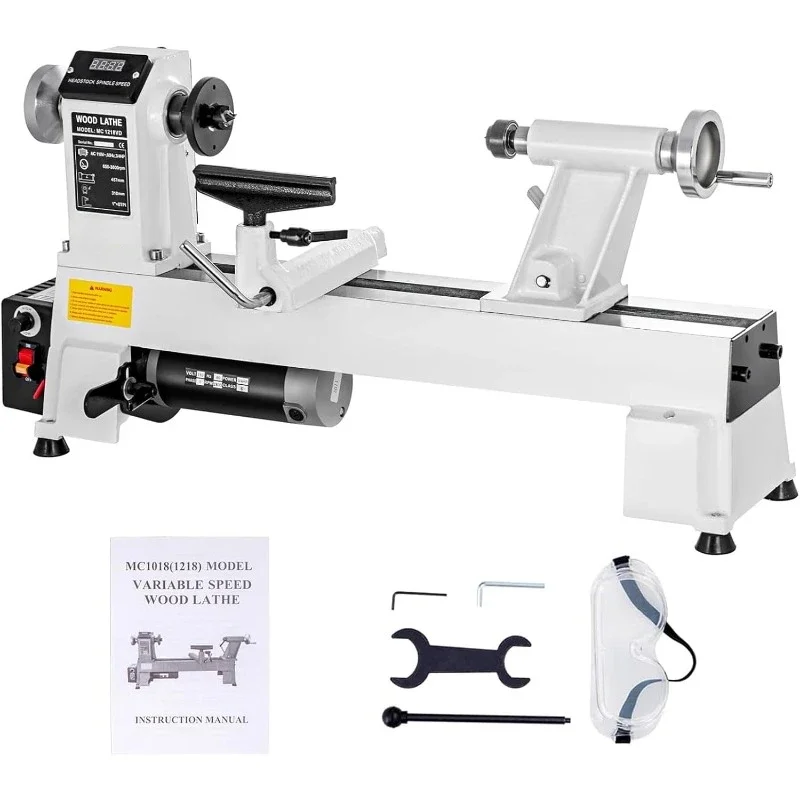 

HOME.12" x 18" Wood Lathe, Lathe Machine 3/4 HP Infinitely Variable Speed 650-3800 RPM with Goggle for Woodworking, Woodturning