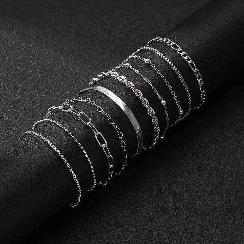 10 قطعة بيان خمر الذهب اللون شقة ثعبان سلسلة صندوق سلسلة سوار بوهو متعدد الطبقات سوار معدني المرأة مجوهرات الصيف