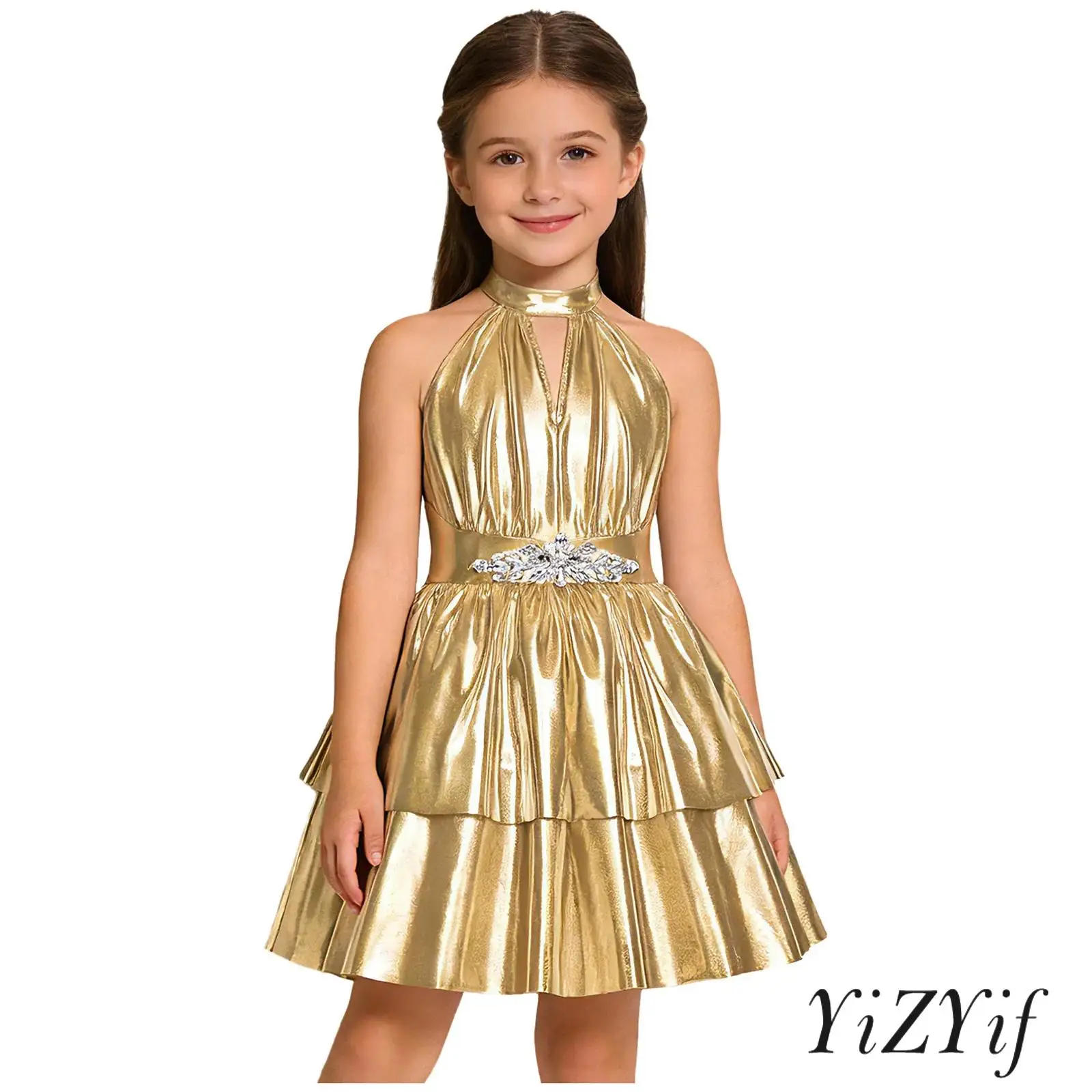 

Детское платье для джазовых танцев для девочек, декор со стразами, Холтер, открытая спина, без рукавов, многоуровневое платье трапециевидной формы с подолом для клубных сценических платьев