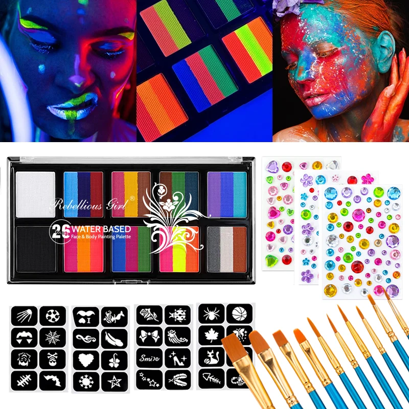 10 Colors Face Body Palette with Brushes and Palettes for Halloween,Christmas Body Painting,Easy to Clean, Effects Makeup Set