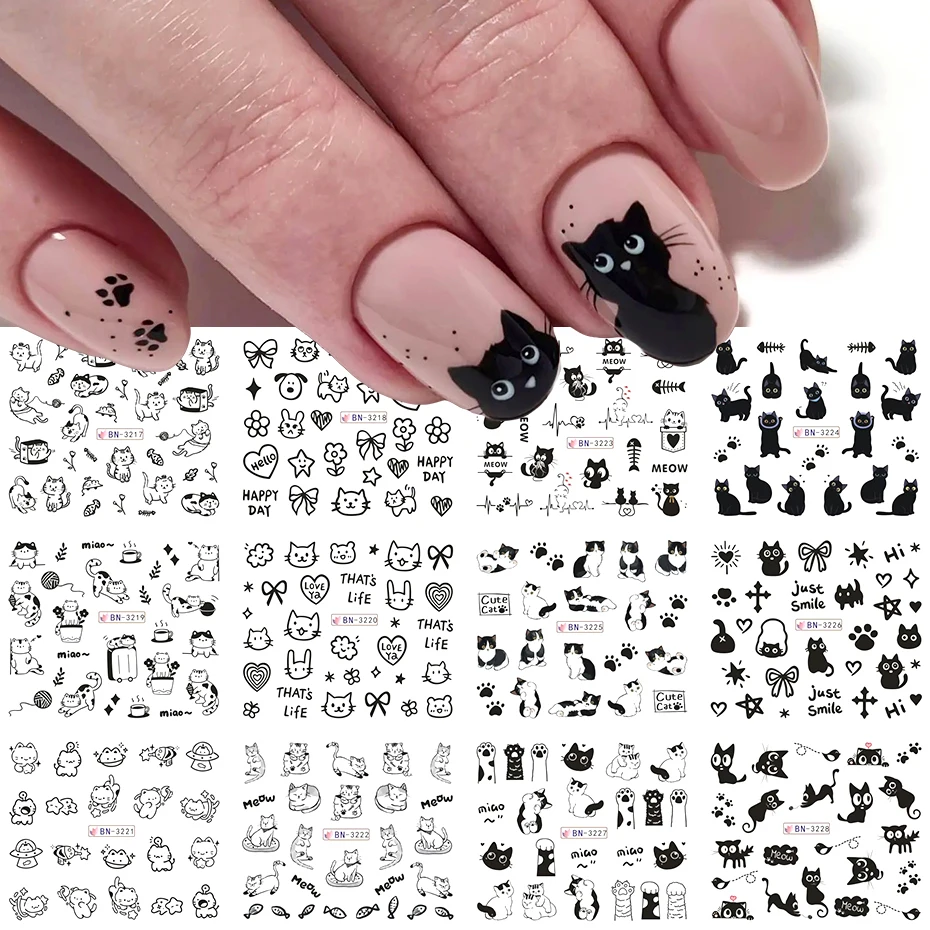 12 wzorów czarny kot naklejki na paznokcie śliczne Kawaii Cartoon naklejki do paznokci znak wodny suwaki transferowe dekoracje do Manicure