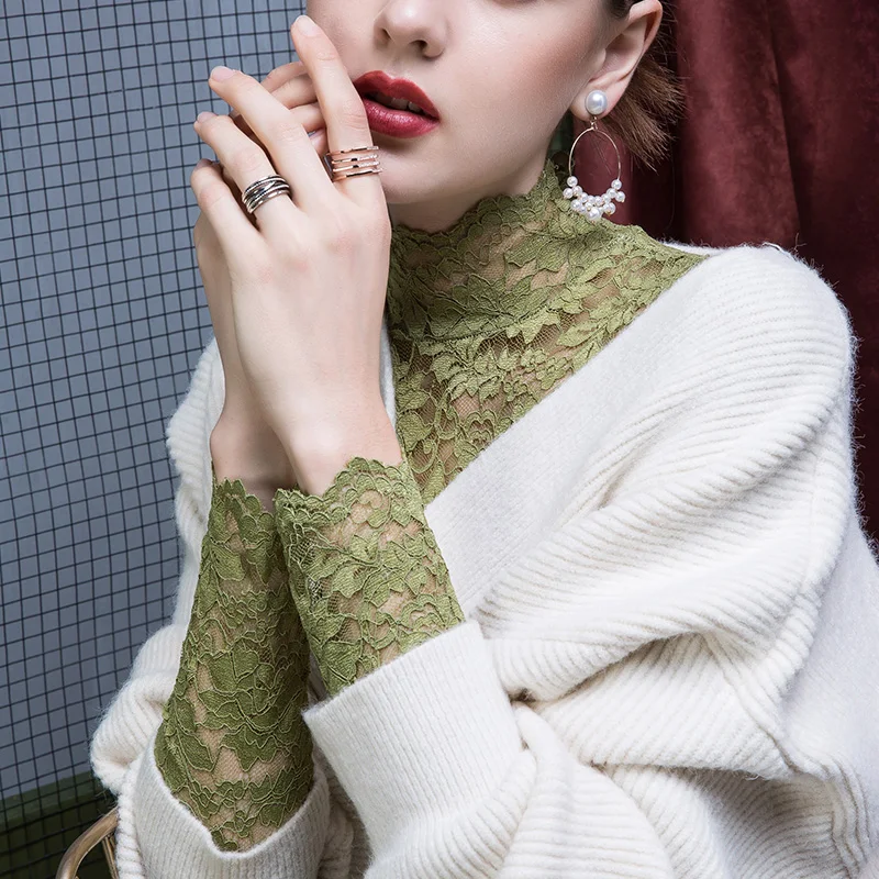 

Осенне-зимняя женская кружевная базовая блузка с высоким воротником, облегающая, с длинным рукавом, на флисовой подкладке, модный женский топ