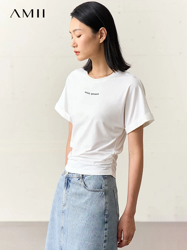 

AMII Minimalism Casual Versatile Short Sleeves T Shirt for Women 2023 Summer Pullovers Cool Tech Ice 100% Cotton Tees 12342393