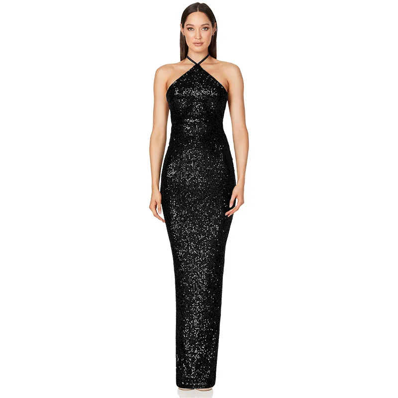 Lagere Split Elegante Jurk Vrouwen Voor Bruiloft Cocktail Prom Jurk Pailletten Hals Opknoping Sexy Lange Avondjurken Hxy9