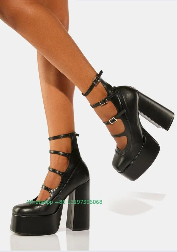 Lady cute purple calf boots sexy hollow Mary Jane shoes cross mental design platform boots chunky heels multi trap footwear 46