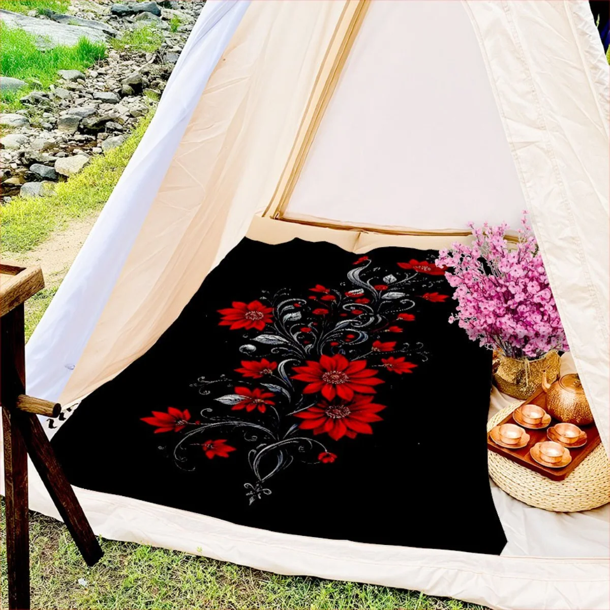 بطانية فانيلا حمراء منقوشة بالزهور - ناعمة ودافئة، مناسبة للأرائك والأسرة والكراسي والتخييم وكهدية المهرجانات #2