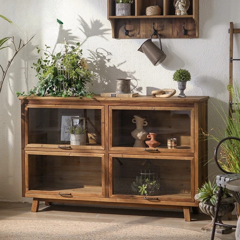 All solid wood log style retro dining side  pull-up glass door lattice tea room old tea cabinet storage
