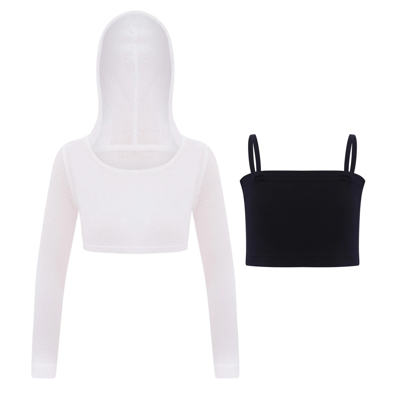 Hip Hop Girls Clothing Jazz Dance Costume Long Sleeve Hooded Crop Top with Straps Camisole Vest Skateboarding Street Dancewear