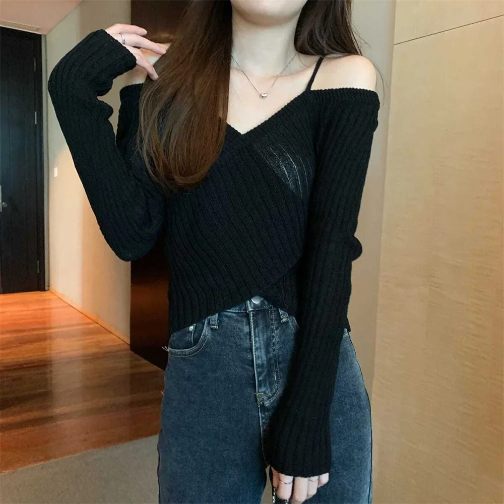 

Fashion Two Piece Pullovers For Women Long Sleeve Slash Neck Knitted Sweater Loose Cropped New Sweater Tops Pullover Female