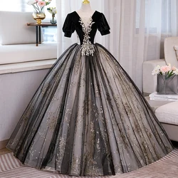 2023 New Vestidos Blackless Short Sleeve Quinceanera Dresses Elegant V-neck Ball Gown Luxury Lace Sequin Party Dress Plus Size