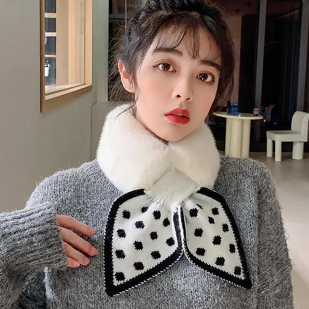 Winter New Knitted Polka Dot Spliced Plush Scarf For Female Student Versatile Imitation Rabbit Fur Collar Warm Comfortable Scarf