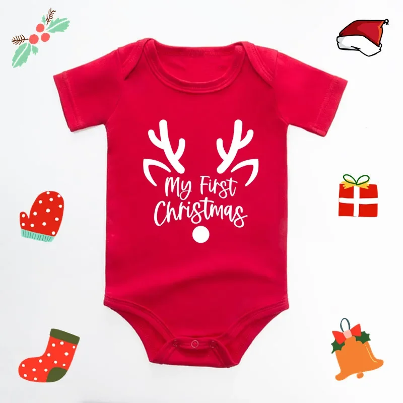 My First Christmas Baby Bodysuit Reindeer Antler Print Short Sleeve Newborn Romper Red Infant Boys Girls First Xmas Photo Outfit