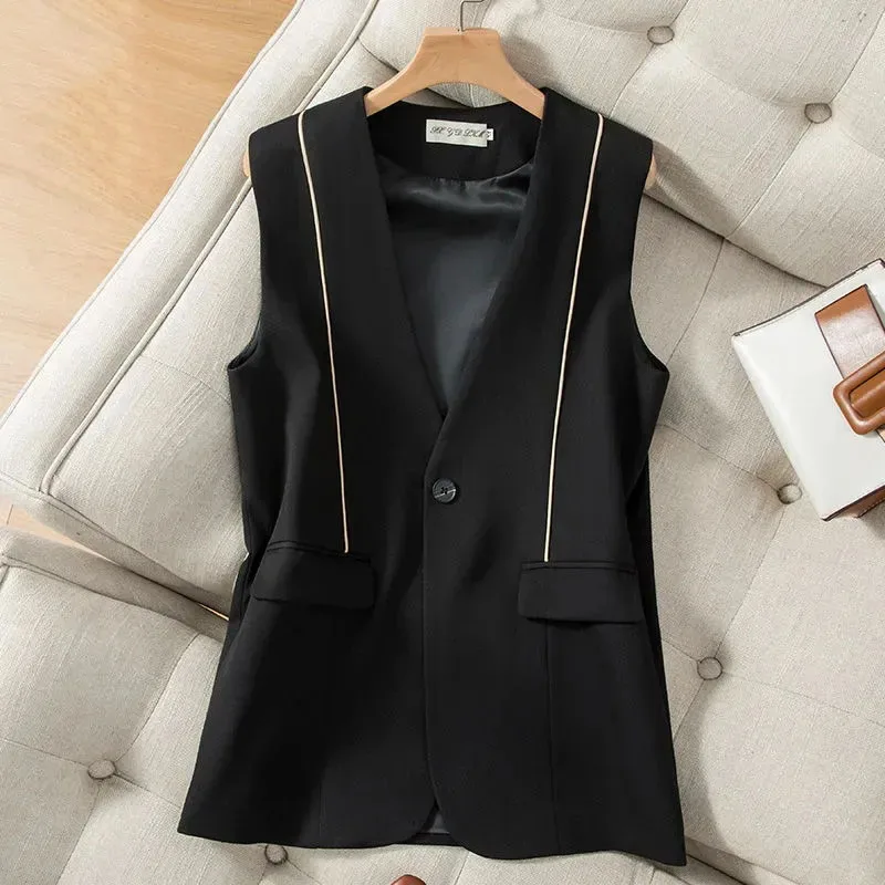 Lining Suit Vests Waistcoat Female Beige Black Sleeveless Jacket 2025 New Spring Summer Casual Women's Vest Coat  Korean Tops