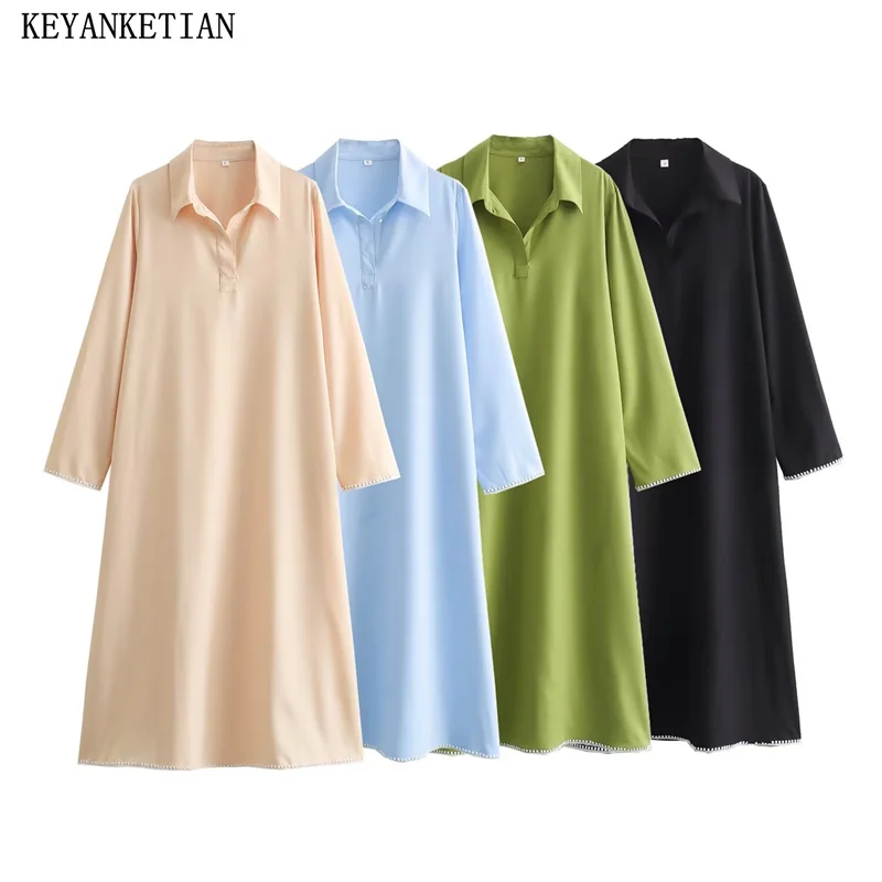 

KEYANKETIAN 2024 New Launch Women Lace Decoration Split Shirt Dress Autumn Leisure style Oversize Long Sleeve A Line MIDI Dress