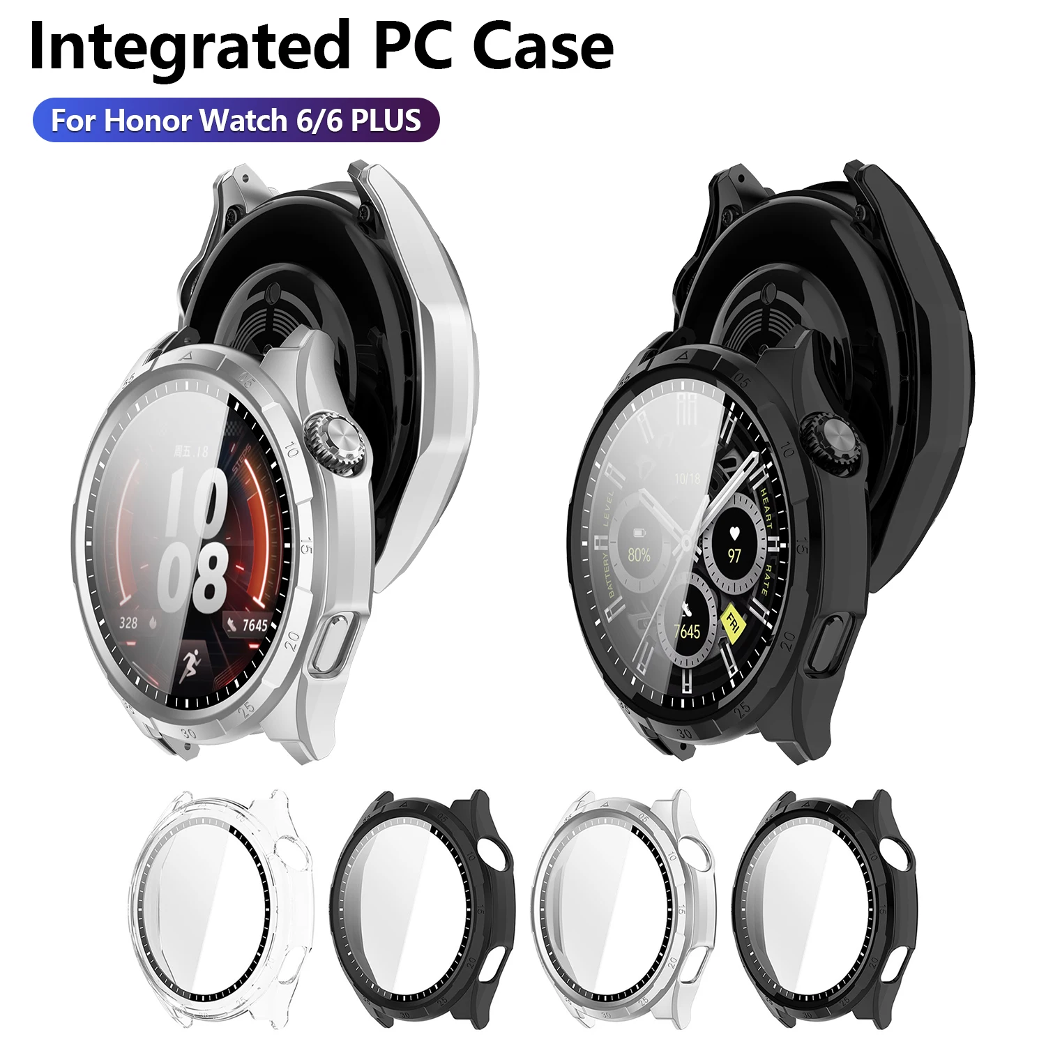2in1 9H Tempered Glass PC Case Scale & Non Scale Bezel Shockproof HD Protective Cover For Honor Watch 6 6PLUS Watch Accessories