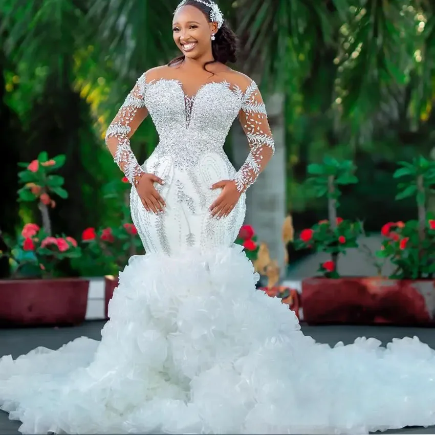

Black Girl Plus Size Mermaid Wedding Dress Luxury Beads Long Sleeve Puffy Bridal Gowns Glitte Party Dress Customized