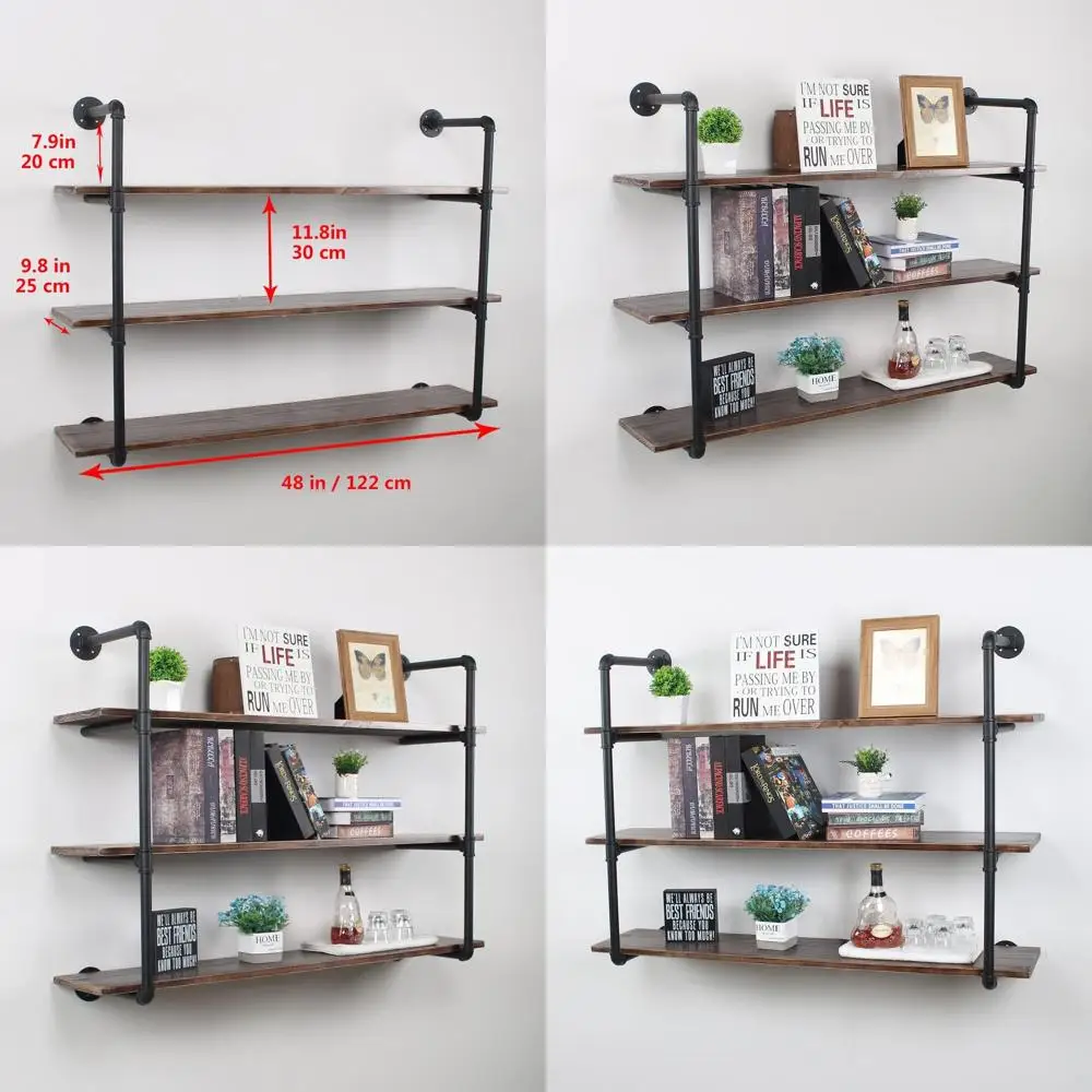 

Industrial 48in 3-Tier Rustic Floating Wall Shelves, Black - Ideal for Kitchen, Bar, Home Decor, and Book Storage