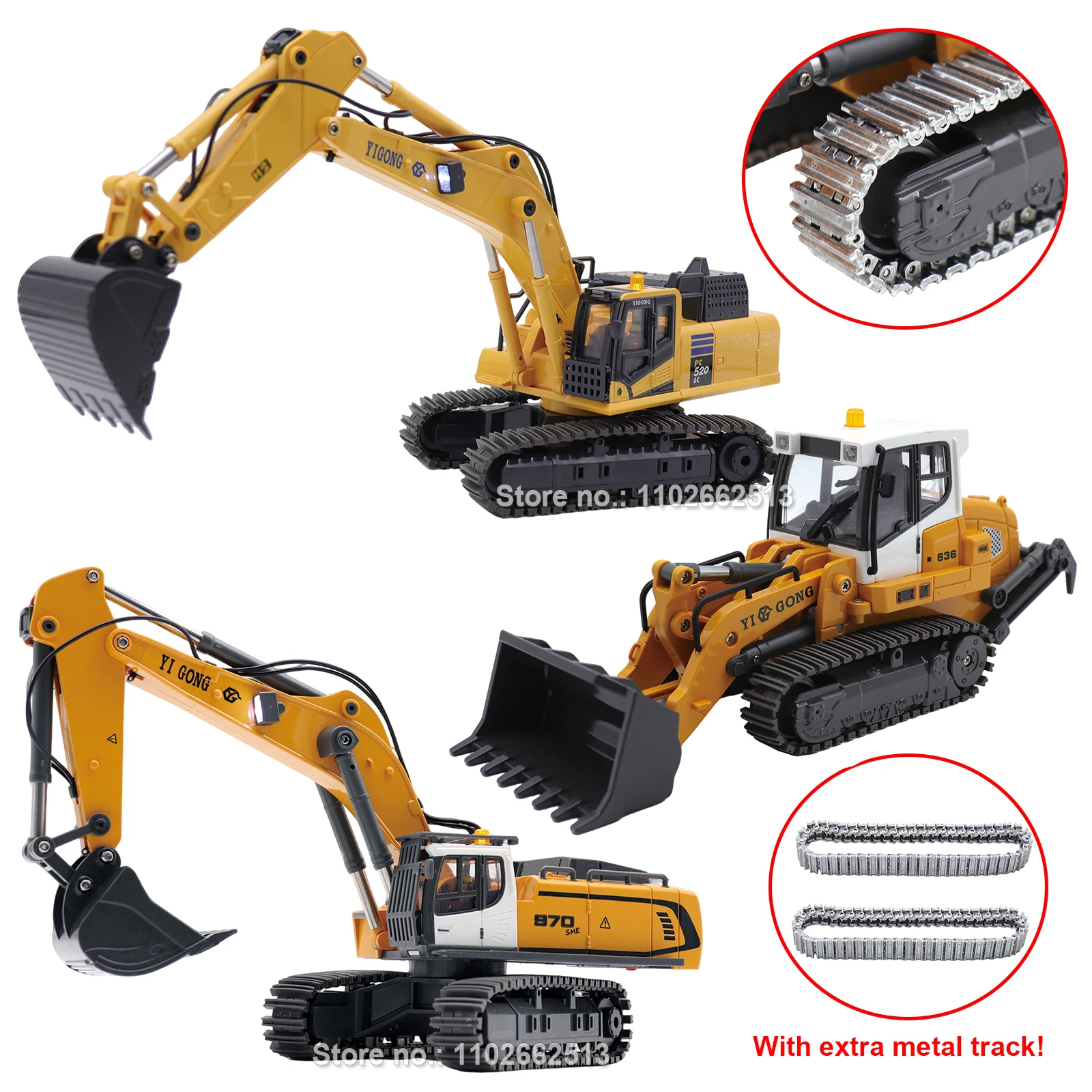 

Мини-экскаватор 970 520 и погрузчик 636 на радиоуправлении для взрослых, масштаб 1:50, инженерная модель с металлическими гусеницами и подсветкой