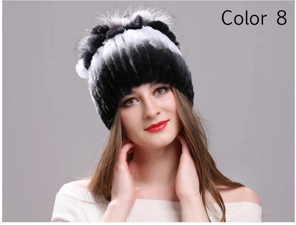 Strickmütze für Damen, 100 % echte Rex-Kaninchenfellmütze mit Blumen, Oberteile, warme, hochwertige Beanie-Damenmütze aus echtem Pelz für den Winter – Detail 23