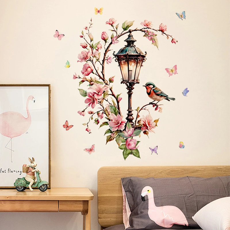 Creative Walls Art Green Plant Flower Branch Streetlight Bird Butterfly Vinyl Stickers Home Decoration for Living Room Bedroom