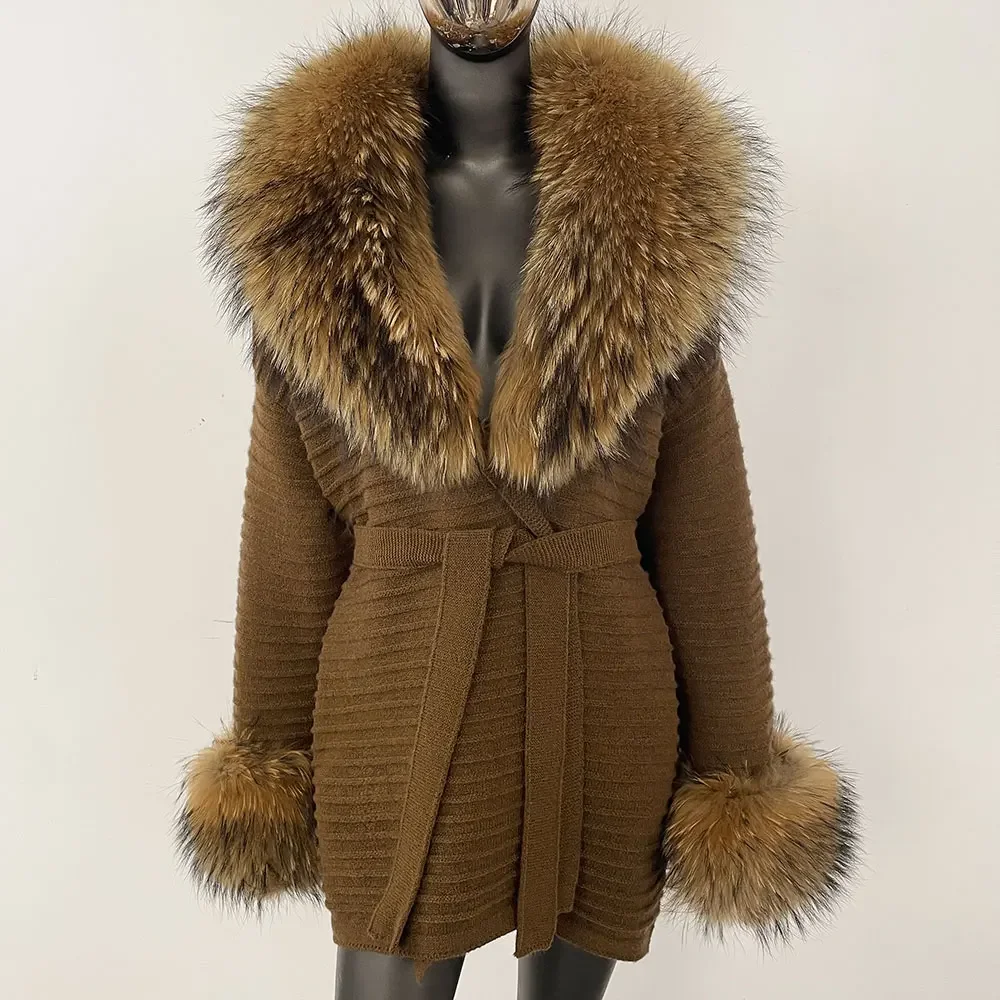 

OFTBUY Real Fur Collar Knit Jacket Women Real Fox Fur Lady Knitwear Coat New Genuine Natural Raccoon Fur Knitted Cardigan Autumn